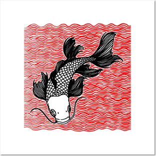 Koi Fish Great Wave Tattoo Red Blk Posters and Art